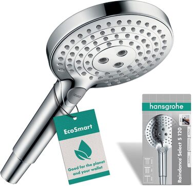 Душова лійка hansgrohe Raindance Select S, економна 9 л/хв (EcoSmart), ручна, 3 режими струменя, кругла (⌀120 мм), антикальк, хром