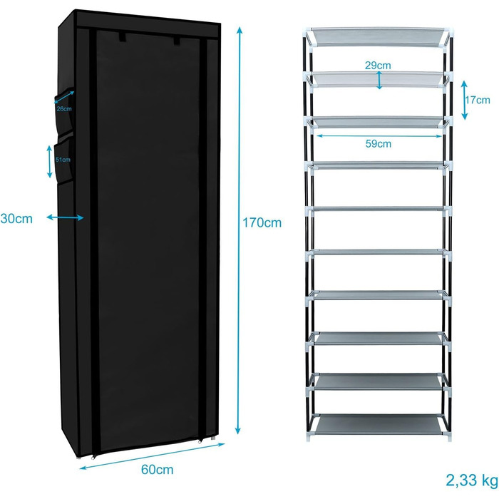 Тканинна шафа INTIRILIFE 170x58x28 см, чорна, з блискавкою, 9 полиць, для одягу та взуття, складана шафа для кемпінгу, текстильний гардероб
