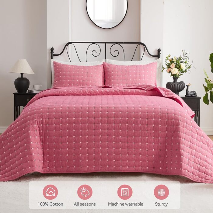Покривало Qucover 220x240 см рожеве, бавовна, ультрам'яке, з вишивкою, комплект з 2 наволочками, стьобане покривало для ліжка або дивану