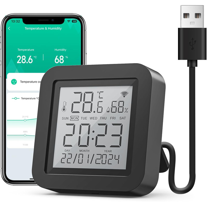 Розумний Wi-Fi термометр-гігрометр GHome Smart з інфрачервоною дистанційною підтримкою, цифровий вимірювач температури та вологості з мобільним додатком, сумісний з Alexa і Google Assistant