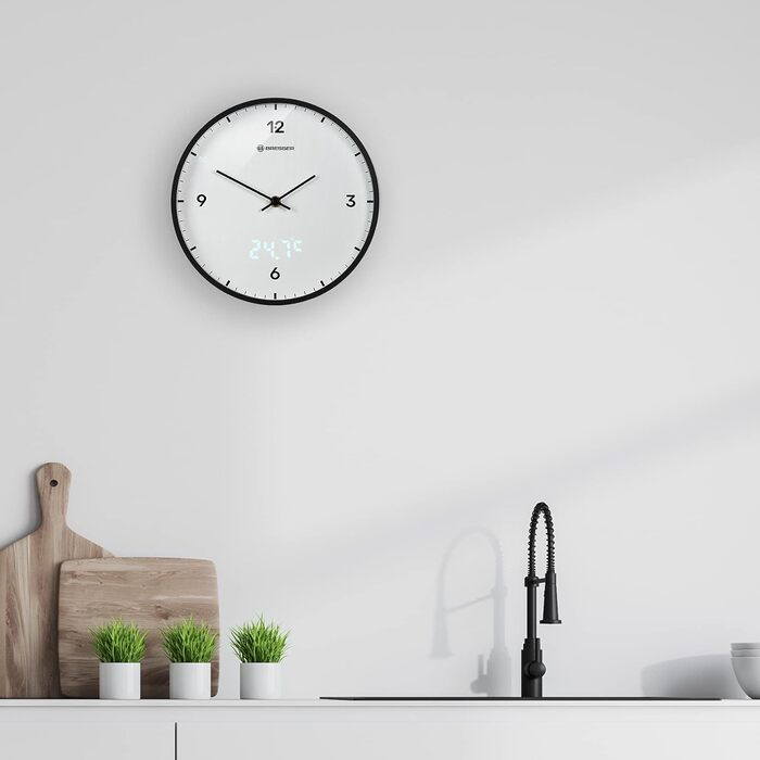 Стіна годинник Bresser MyTime 24 см, радіокерований, безшумний, LED секундомір, термометр, білий