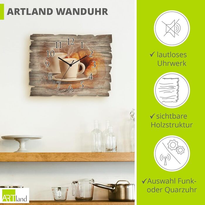 Декоративний настінний годинник ARTLAND з дерева, безшумний, 40x30 см, прямокутний, для кухні, дизайн Кава Капучино Круасан