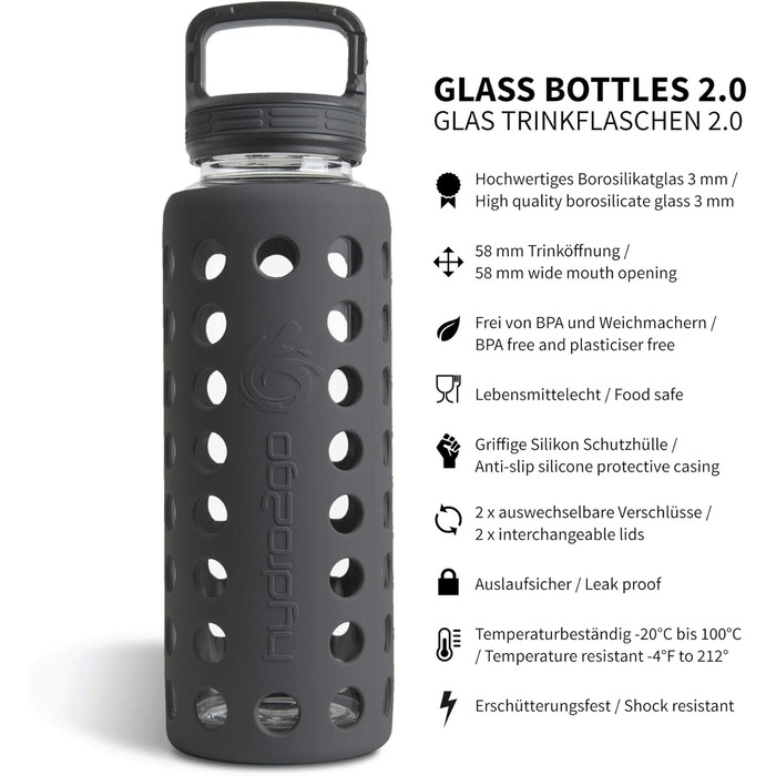 Скляна пляшка для води з силіконовим чохлом Onyx Black 950 мл, герметична, BPA-free, придатна для миття в посудомийній машині, 2 змінні кришки, для офісу, спорту, фітнесу та йоги