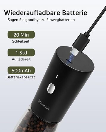 Електричні млинки для солі та перцю, набір 2 шт., USB, нержавіюча сталь, регульований помел, велика місткість, з елегантною підставкою для зберігання