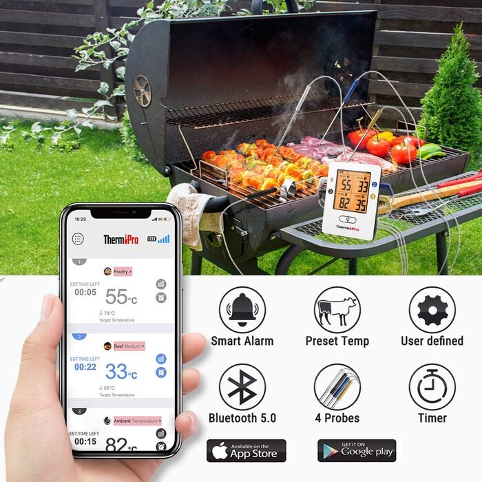 Bluetooth термометр для кухні ThermoPro TP25H2 з таймером, сигналом, 4 зондами, для м'яса, гриля та духовки, 150 м