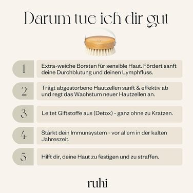 М'яка щітка для сухого масажу тіла RUHI з натуральної щетини, деревина бука, пластикова без додавання, зроблена в Німеччині, для лімфодренажу та проти целюліту