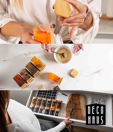 Набір скляних баночок для спецій Deco Haus з дерев'яними кришками, 12 шт, 280 мл, з етикетками — герметичні контейнери для зберігання спецій та приправ