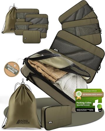 Набір органайзерів для валізи BACK&PACKER, 6 шт, з компресією, з переробленого матеріалу, оливковий, пакувальні куби та мішок для мокрого одягу
