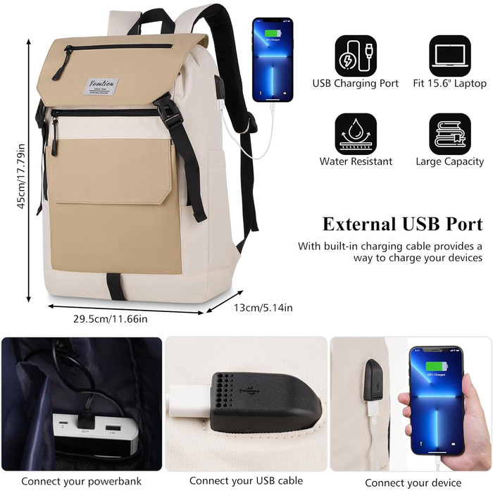 Міський рюкзак YAMTION Rolltop 17 дюймів для ноутбука, універсальний для жінок і чоловіків, підходить для школи, університету, спорту, прогулянок, велосипеду, підлітків, колір кремовий