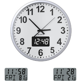 Сучасний настінний годинник KWANWA без тикань, цифровий LED/LCD дисплей, календар, термометр, на батарейках, 30,5 см, 12-годинний формат, для кухні, спальні, офісу, сріблясто-білий