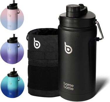 Ізольована пляшка для води BOTTLE BOTTLE 1,8 л з трубочкою, подвійною кришкою та ручкою, термос із нержавіючої сталі для спорту, фітнесу та напоїв, чорна
