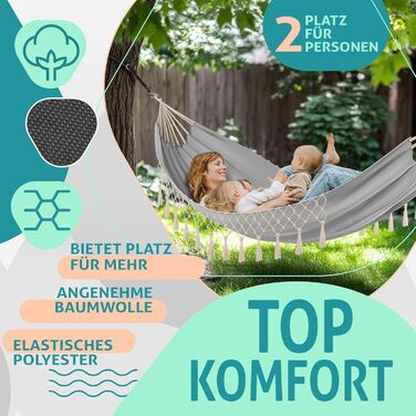 Гамак KESSER 320x150 см до 300 кг, водостійкий і дихаючий, з китицями, для 1-2 осіб, для кемпінгу, саду та відпочинку, сірий, у комплекті чохол, мотузки й ремені