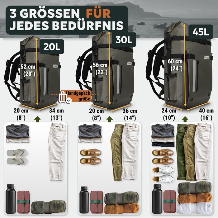 Водонепроникний рюкзак Dry Bag 20/30/45 л з 3 зовнішніми кишенями, RollTop, для пляжу, човна, каяка, туризму, риболовлі та мотоцикла
