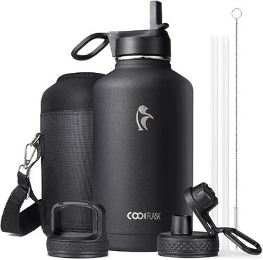 Термос пляшка для води Coolflask 2 л з трубочкою та 3 кришками, ізольована сталева спортивна пляшка з подвійною вакуумною ізоляцією, не протікає, чорна для спорту та офісу