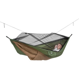 Ультралегка туристична гамак AMAZONAS Adventure Moskito Thermo 470г з москітною сіткою, кишенею для килимка, просоченням від комах, 275x140 см, до 150 кг, зелено-коричневий