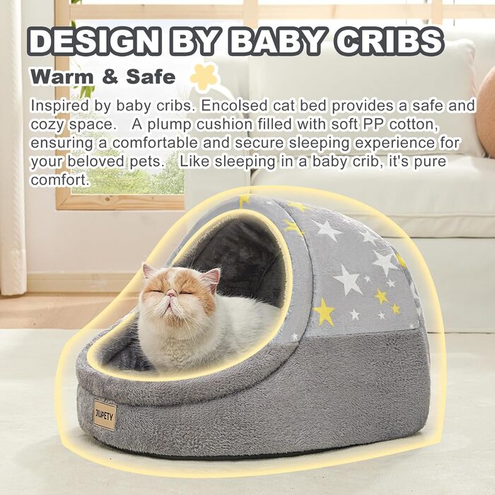 Jiupety будиночок для кота, котяче ліжко з нековзною основою, знімна та прана подушка, розмір L 48×43×41 см, сірий