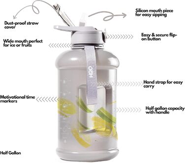 Пляшка для води H2O Capsule INSPO 2,5 л з мітками часу, соломинкою, ручкою та ремінцем, харчовий пластик, не протікає, мотиваційна, сіро-бежева