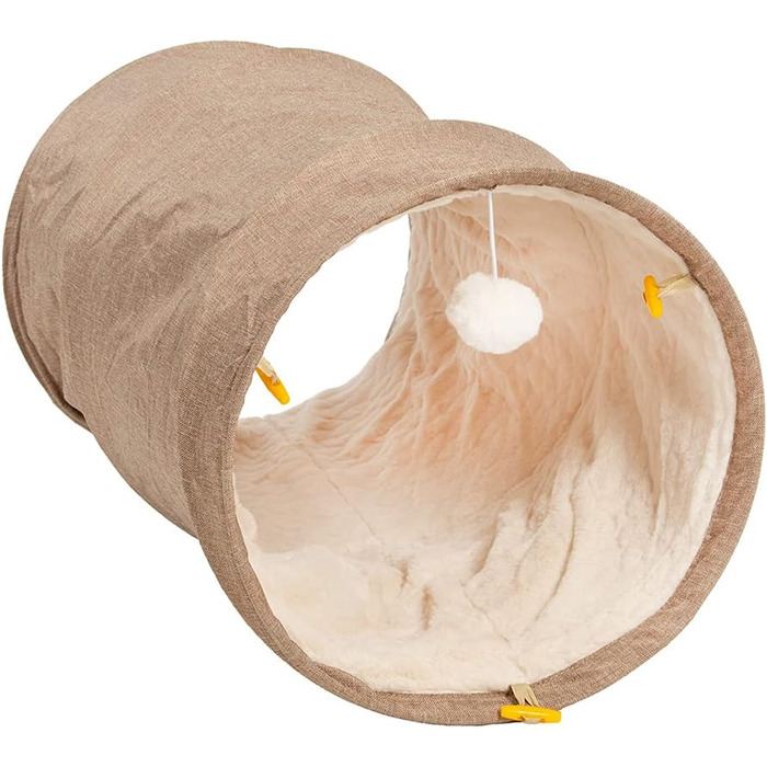 Ігровий тунель для котів CanadianCat XXL, плюшевий, 150×35 см, з іграшкою, бежевий