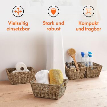 Плетений кошик для зберігання VonHaus з морської трави, 4 шт. – натуральні корзини з ручками для ванної кімнати, полиць та домашнього офісу