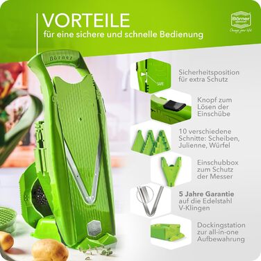 Овочерізка Börner V5 Profi Set, 7-в-1, з 10 видами нарізки, нержавіюча V-подібна лезо, кухонний хобель із док-станцією, зелений колір