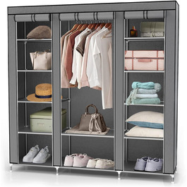 Тканинна шафа INTIRILIFE 150x175x45 см з блискавкою, полицями, штангою та бічною кишенею, для одягу, кемпінгу, сірий