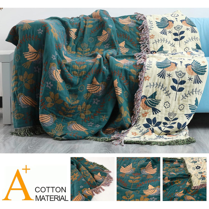 Двосторонній плед Boho 100% бавовна 200×230 см, мусліновий покривало для дивану, крісла та ліжка, м'який і затишний, синьо-бежевий