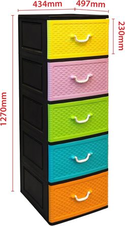 Комод 44x50x127 см з 5 великими XXL шухлядами по 40 л, фасади у стильних пастельних відтінках, сучасний дизайн, з екологічного переробленого пластику PP (чорний/пастель, Weave)