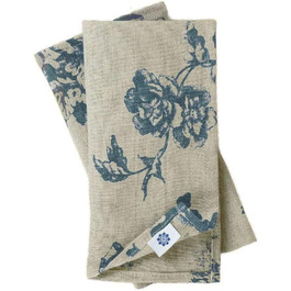 Серветки лляні з бавовною Vintage Flores, 4 шт., 43x43 см, бежево-сині, з квітковим принтом, 100% натуральний льон, для кухні та їдальні, декор