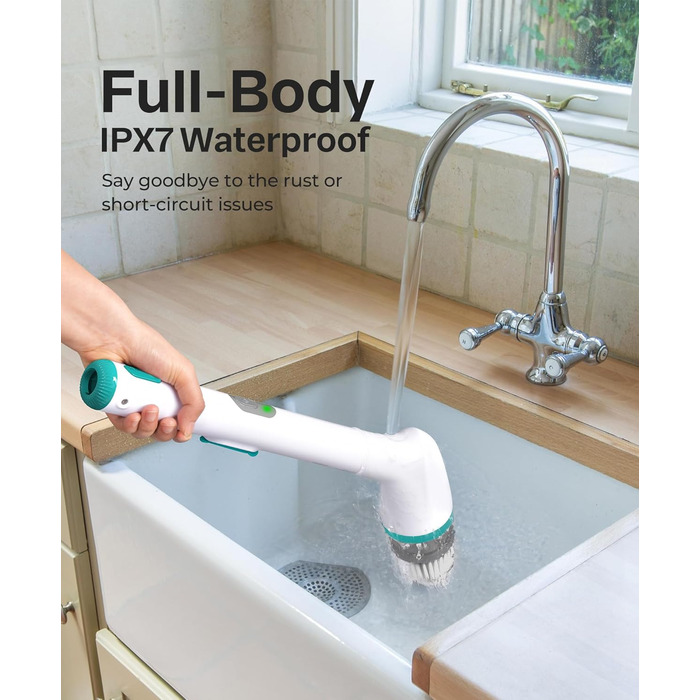 LyriFine електрична щітка для прибирання, водонепроникна IPX7, з довгою ручкою, 2 швидкості, змінні насадки, для ванної кімнати та дому