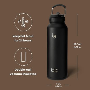 Термос-термобутилка BOTTLE BOTTLE з соломинкою, спортивна сталева пляшка 1 л з ручкою, чорна, для води та пігулок