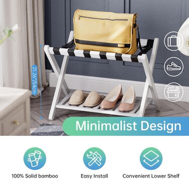 Стійка для валіз SMIBUY з бамбука, складана, з полицями, для готелів, спальні, гостьових кімнат, посилена, біла
