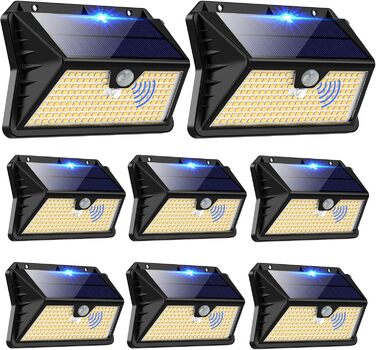 Сонячні LED ліхтарі для вулиці з датчиком руху, 185 LED, 3 режими, IP65, водонепроникні, для стін, саду, двору, гаража, вхідних дверей, холодне/тепле світло, 8 штук