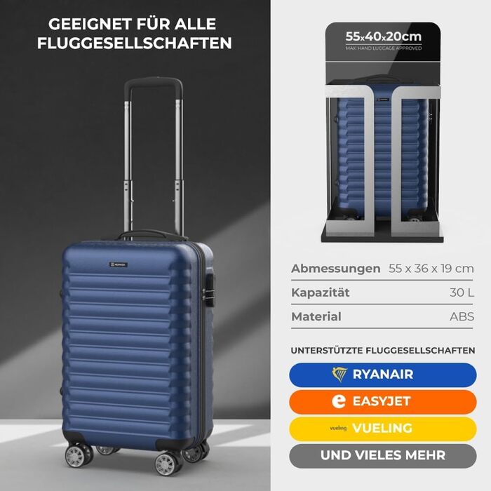 Дорожня валіза Upfly XS 55x36x19 см, 31 л, ABS, 4 подвійні гумові колеса, кодовий замок, жорсткий корпус, з роздільником і ременями для фіксації речей