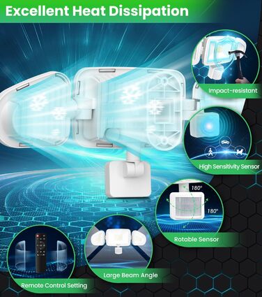 CLY LED прожектор 42 Вт з датчиком руху та пультом, 3600 Лм, 6500K, триголовий, вуличний, IP66, для гаража і тераси