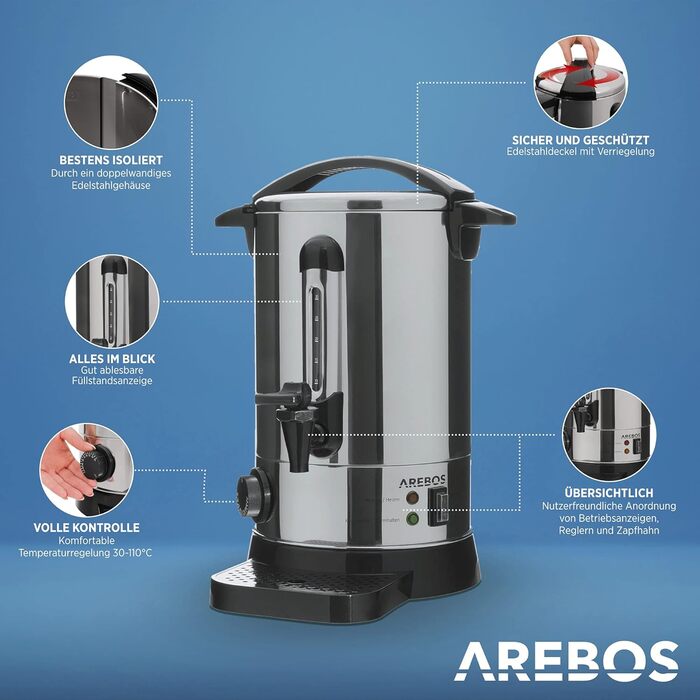 Електричний диспенсер для глінтвейну Arebos 6,8 л, 950 Вт, термостат, захист від перегріву, сріблястий