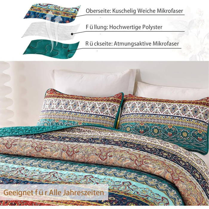 Покривало WONGS BEDDING Boho 220x240 см, стьобане, мікрофібра, комплект 3 в 1 (2 наволочки 50x70), для двоспального ліжка та дивана, бежево-зелене, для спальні