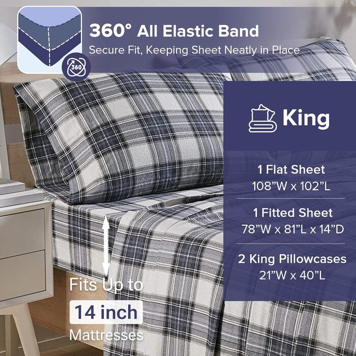 Бавовняна фланелева постільна білизна Comfort Spaces для ліжка King Size, синя шотландська клітинка, 4 предмети, тепла та дихаюча