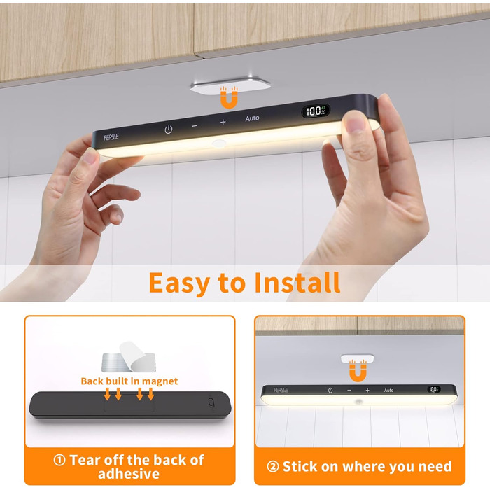 LED-підсвітка для шафи Ferswe з датчиком руху, індикатором заряду, USB-акумуляторна, тепле світло 3000K, 2 шт. Підсвітка для кухні, гардеробу, меблів