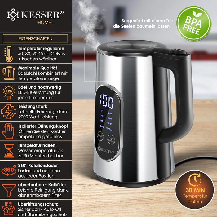 Електрочайник KESSER 1.7 л нерж. сталь, LED-дисплей, 2200 Вт, 4 режими температури, підтримка тепла, фільтр від накипу, BPA-Free, сріблястий