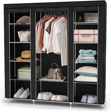 Тканинна шафа INTIRILIFE 150x175x45 см, чорна, з блискавкою, полицями, вішалкою і бічною кишенею – складана шафа для одягу, кемпінгу, гардеробу
