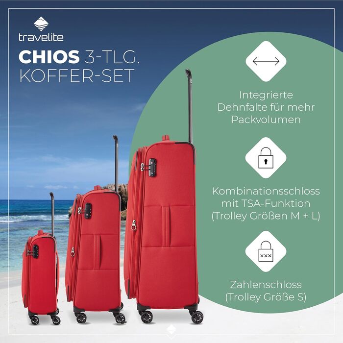 Валіза Travelite Chios L на 4 колесах, м'яка, з розширенням і захистом кутів, 78 см, 90-97 л, червона, дорожній чемодан