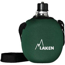 Алюмінієва пляшка LAKEN 1 л з неопреновим чохлом для спорту, туризму та військових, підвісна, зелена/червона/синя