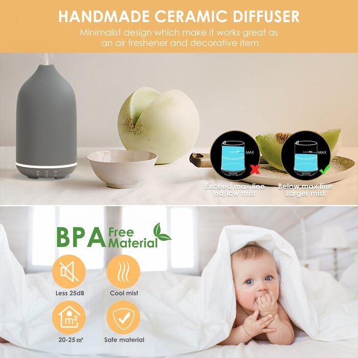 Арома-дифузор SALKING сірий керамічний 150 мл, для ефірних олій, BPA-Free, з регульованим режимом туману, авто-вимкненням, для дому, офісу, йоги