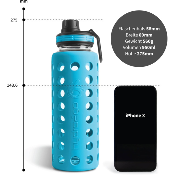 Скляна пляшка для води з силіконовим чохлом, 950 мл, герметична, BPA-free, для спорту, йоги, офісу, з 2 змінними кришками, Coral Blue