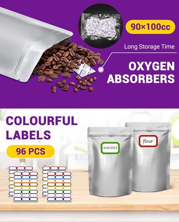 Набір 90 mylar-пакетів із поглиначем кисню для зберігання продуктів, 1 кварт (15x22 см), герметичні, 8.6 Mil, багаторазові пакети для харчових продуктів, міларові пакети з поглиначем кисню 9000CC, термозапаювані, багаторазово закриваються