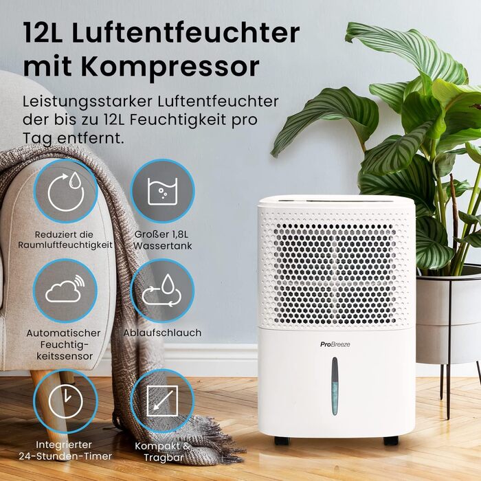 Осушувач повітря Pro Breeze 12 л/24 год для кімнат до 120 м³, з цифровим дисплеєм, таймером, дренажним шлангом, 3 режимами, проти вологи і плісняви, білий
