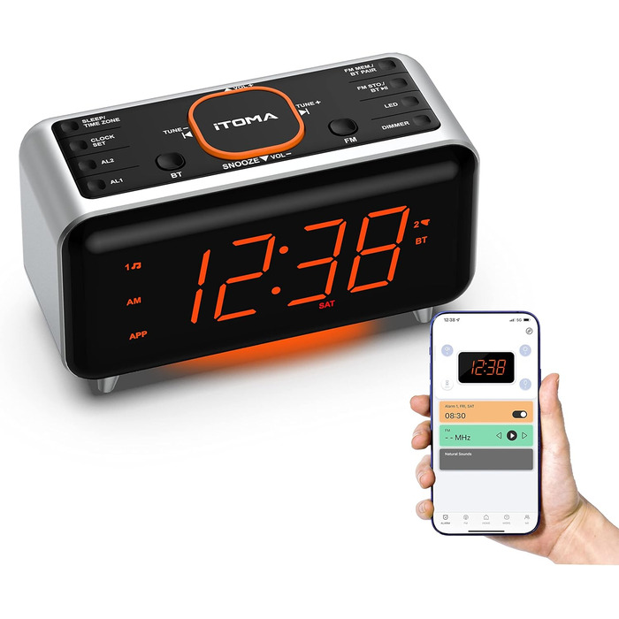 iTOMA радіобудильник з Bluetooth, FM-радіо, App-керуванням, подвійним будильником, 4 режимами, димером, нічником, USB-зарядкою, модель CKS208