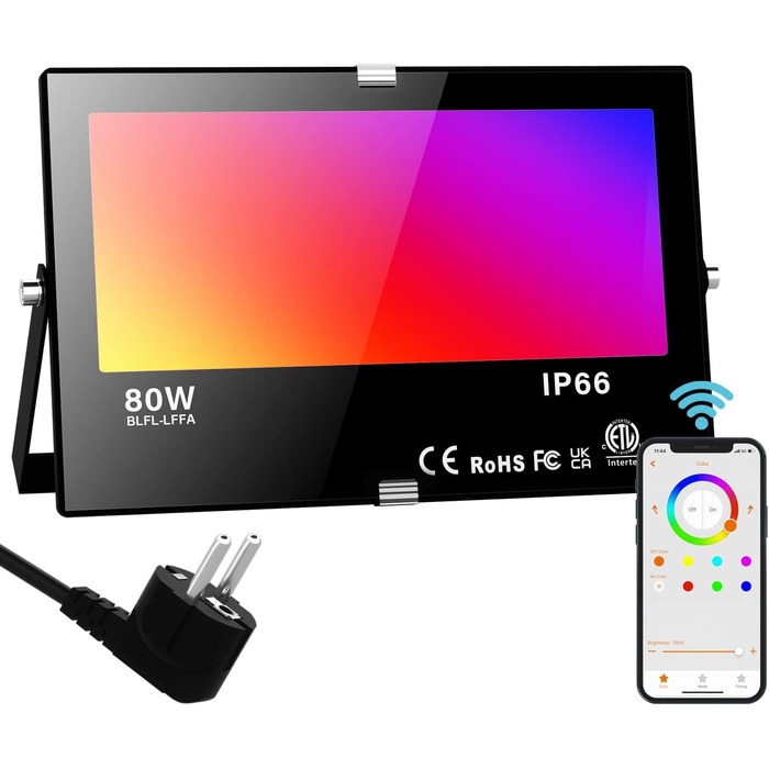 RGB LED прожектор 80W для вулиці з Bluetooth, керування через додаток, розумне освітлення, 2700K, мільйони кольорів, димірується, IP66, водонепроникний, для саду та фасаду