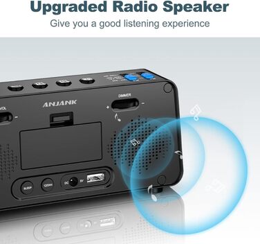 Цифровий FM-радіо будильник ANJANK з USB-зарядкою, подвійним будильником, димованим LED-дисплеєм 6,5'', динаміком, функцією відкладання, для спальні, чорний