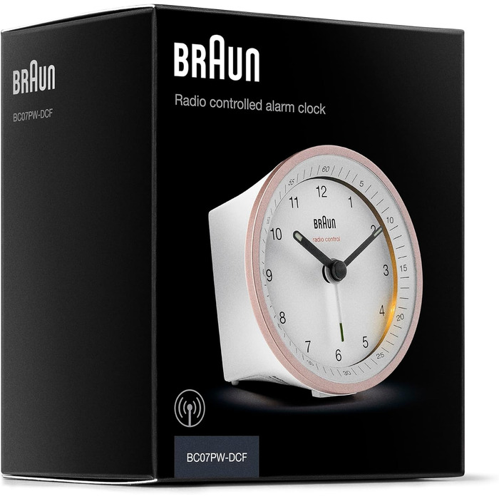 Аналоговий радіокерований будильник Braun BC07PW-DCF, білий/рожевий, з підсвіткою, безшумний механізм, функція повтору та поступовий сигнал, для Центральної Європи (MEZ/GMT+1)